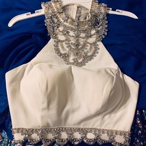 Rachel Allan 2 piece navy blue and white hoco/prom